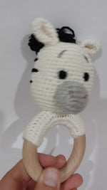 Load and play video in Gallery viewer, Handmade Zebra Teether / Rattle (Name or Name + DOB) Personalised
