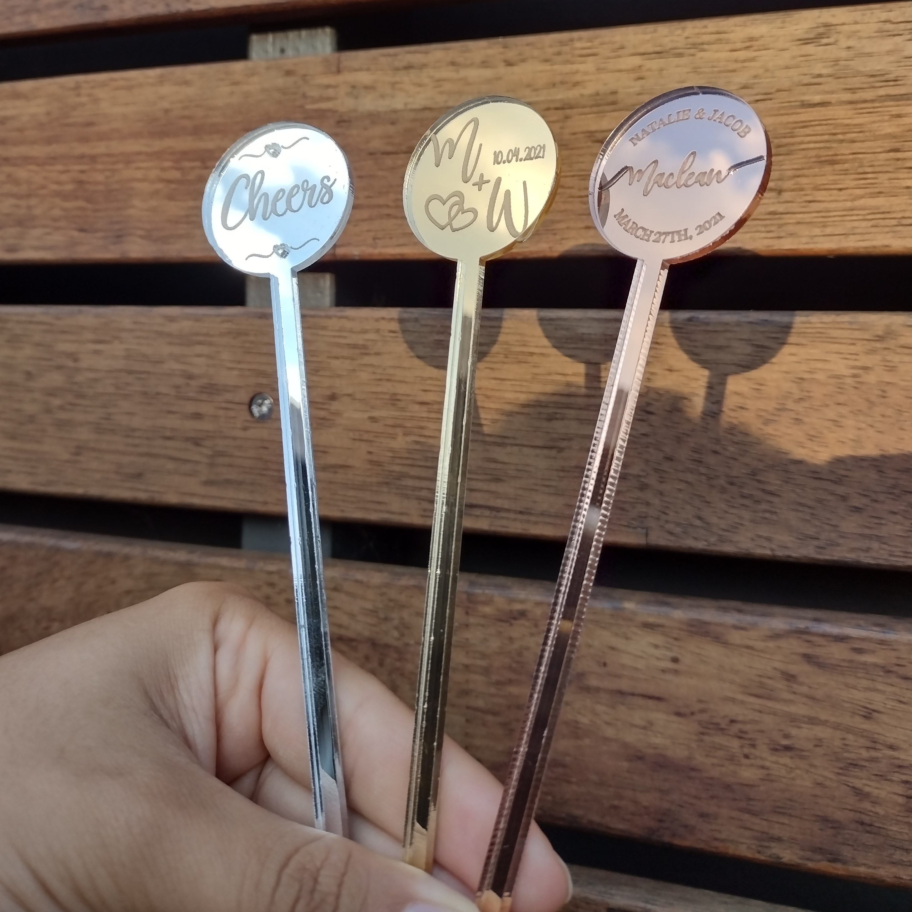 Cocktail Stirrers Personalised Customised Rose Gold Gold Silver Mirror for Weddings, Engagements, Special Ocassion Party Celebrations