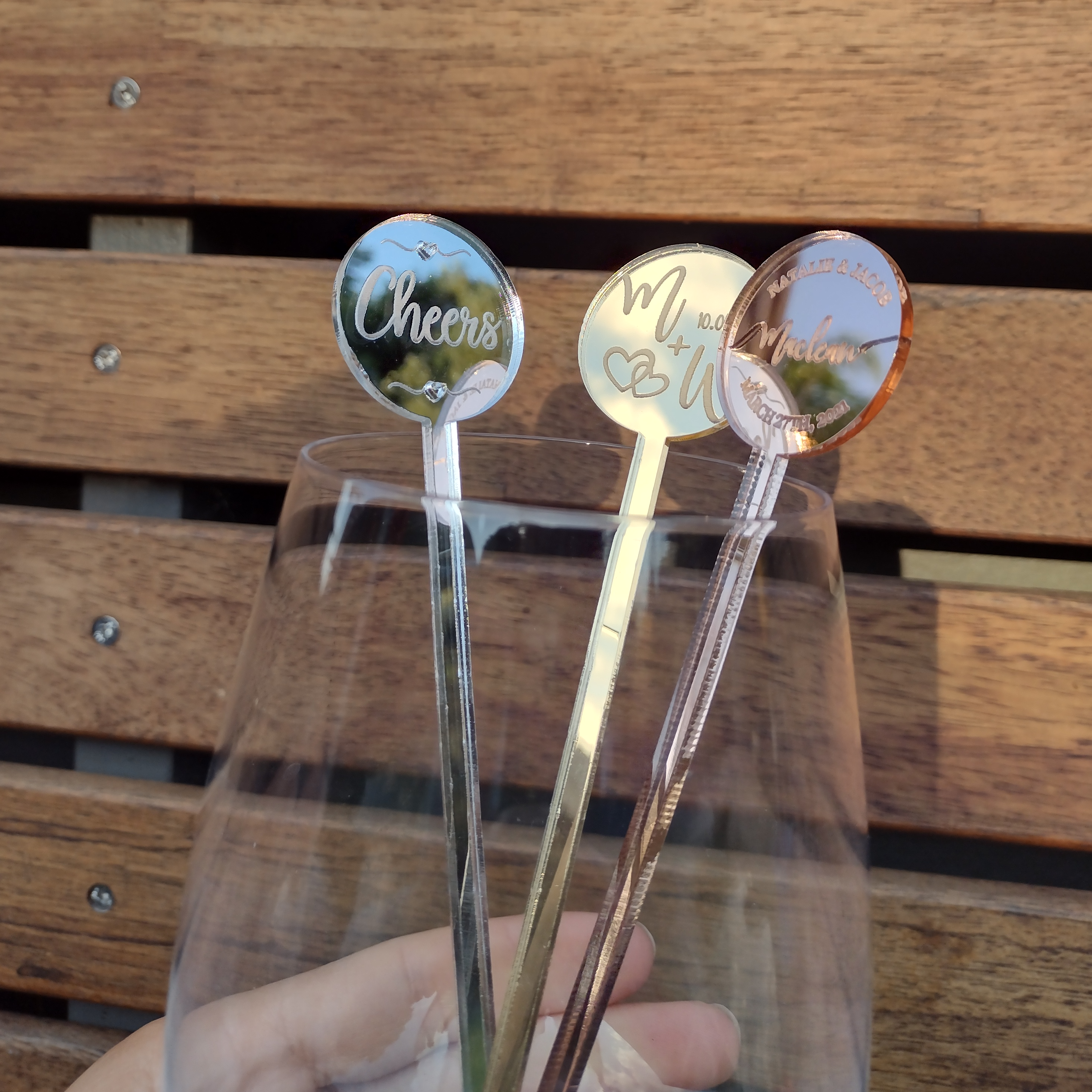Cocktail Stirrers Personalised Customised Rose Gold Gold Silver Mirror for Weddings, Engagements, Special Ocassion Party Celebrations
