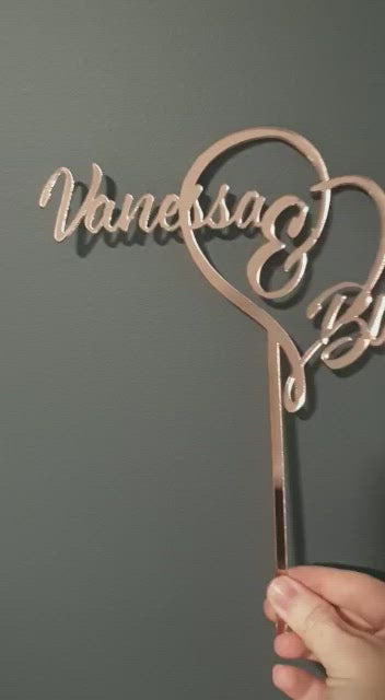 Name + Heart + Name Wedding Engagement Cake Topper