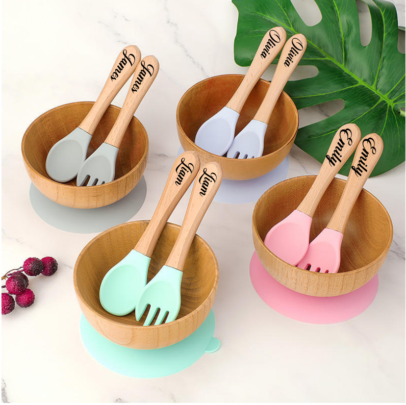 Baby's Wooden Silicone Bowl, Fork and Spoon