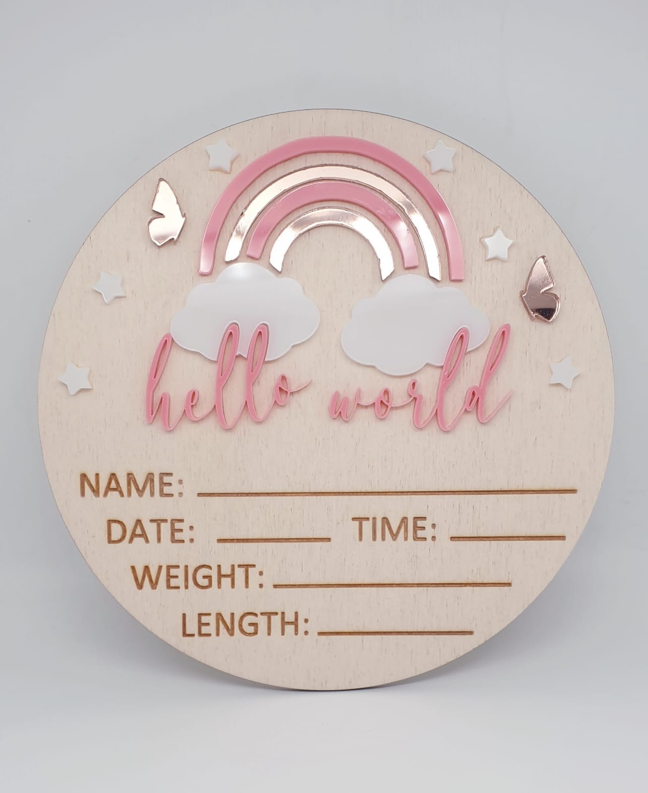 3D Hello World + Rainbow Newborn Announcement Disc