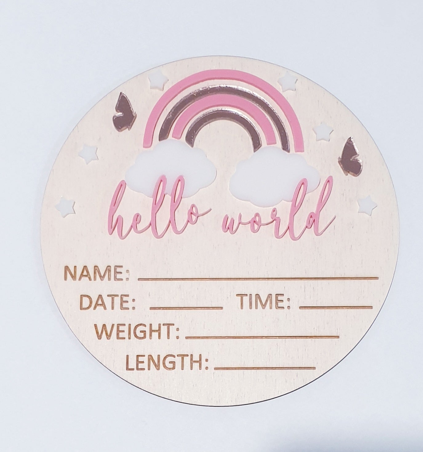 3D Hello World + Rainbow Newborn Announcement Disc
