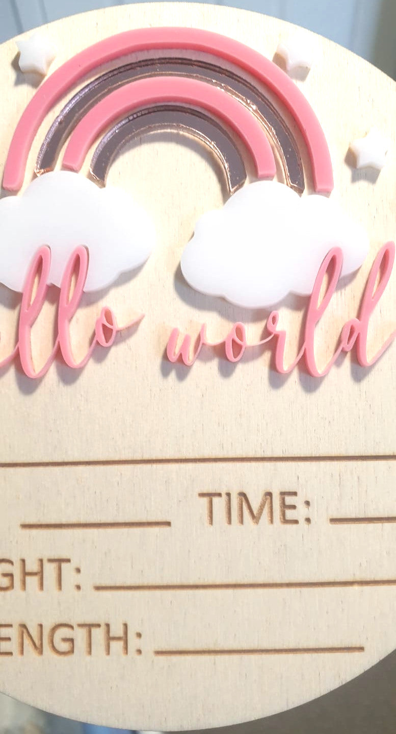 3D Hello World + Rainbow Newborn Announcement Disc