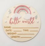 Load image into Gallery viewer, 3D Hello World + Rainbow Newborn Announcement Disc
