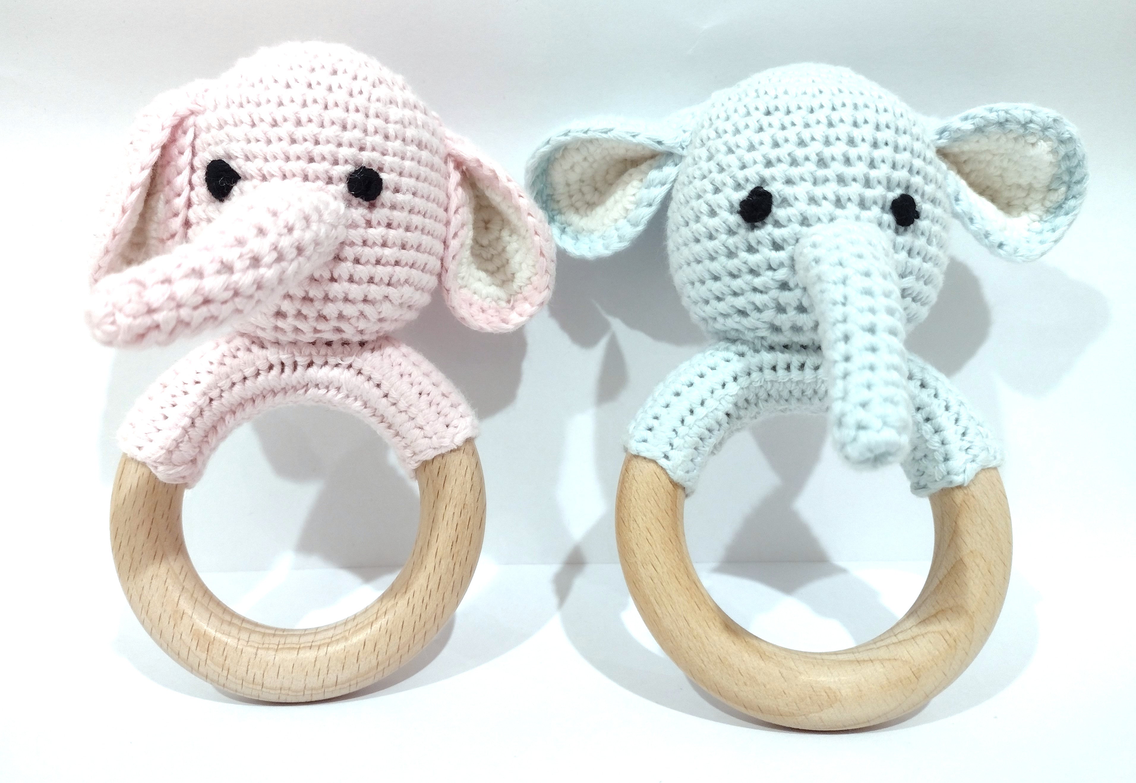 Handmade Baby Elephant Boy & Girl Teether / Rattle (Name or Name + DOB) Personalised