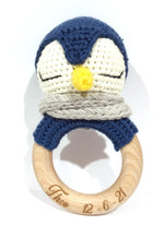 Load image into Gallery viewer, Handmade Penguin Teether / Rattle (Name or Name + DOB) Personalised
