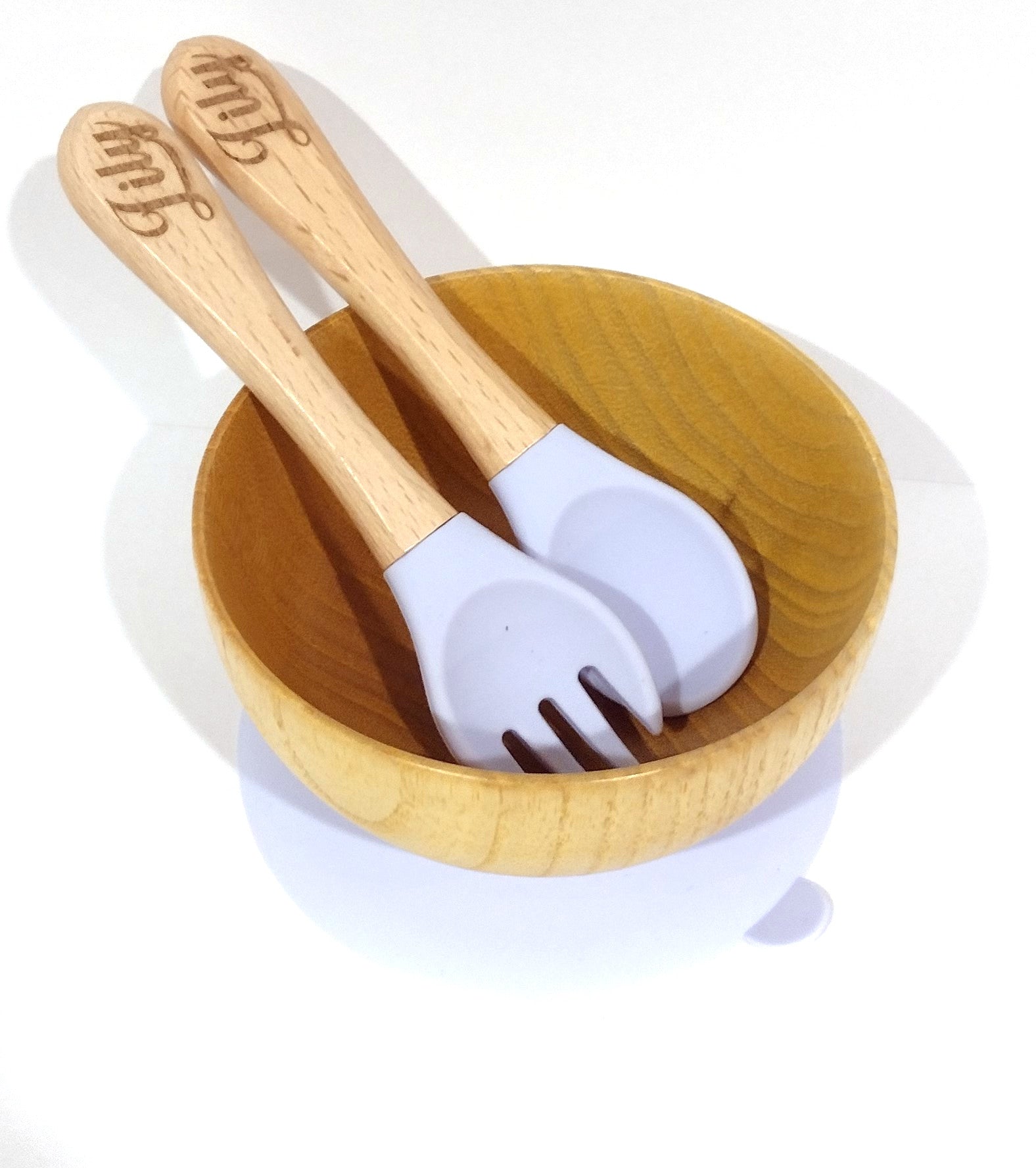 Baby's Wooden Silicone Bowl, Fork and Spoon