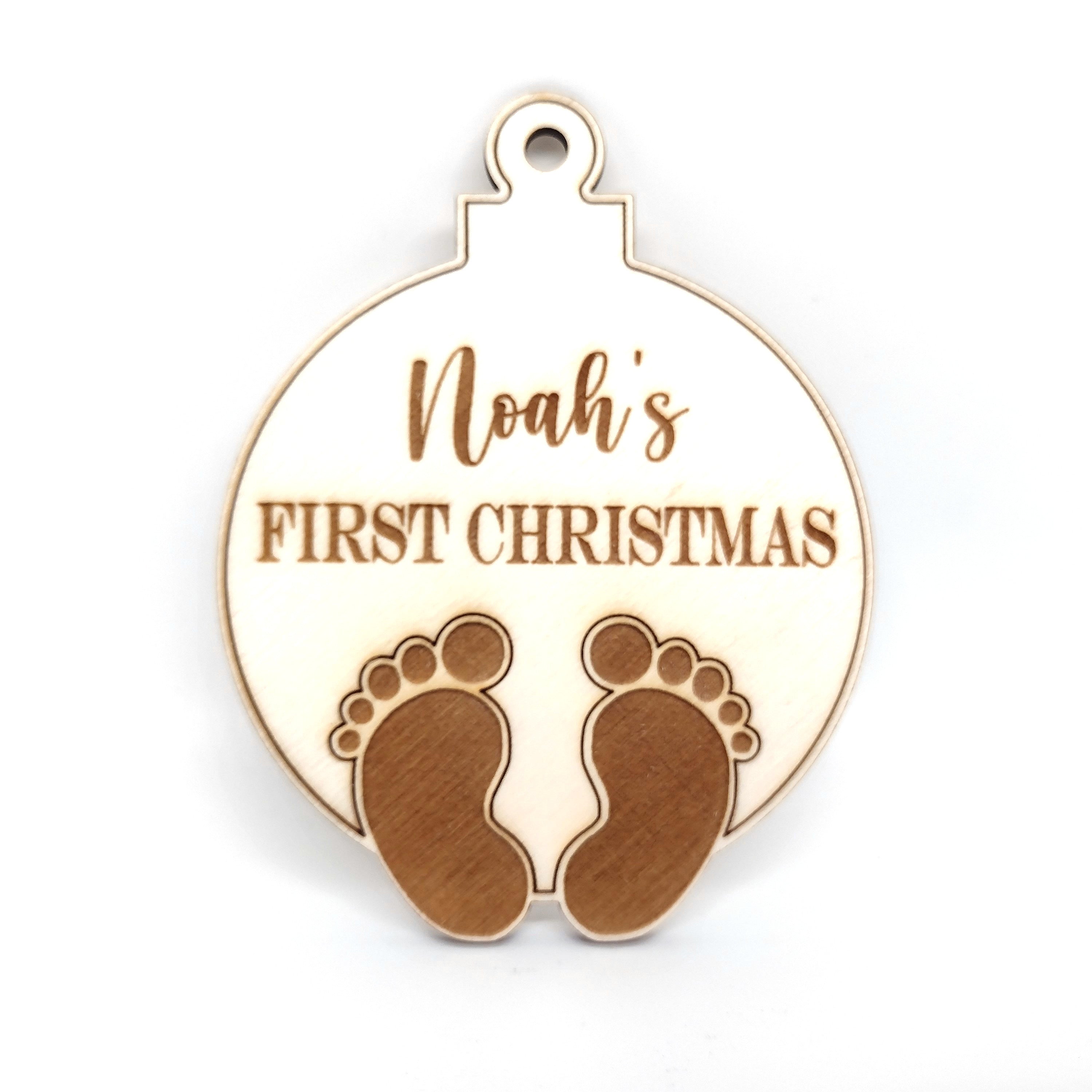 Name + First Christmas + Baby Footprints Ornament Bauble