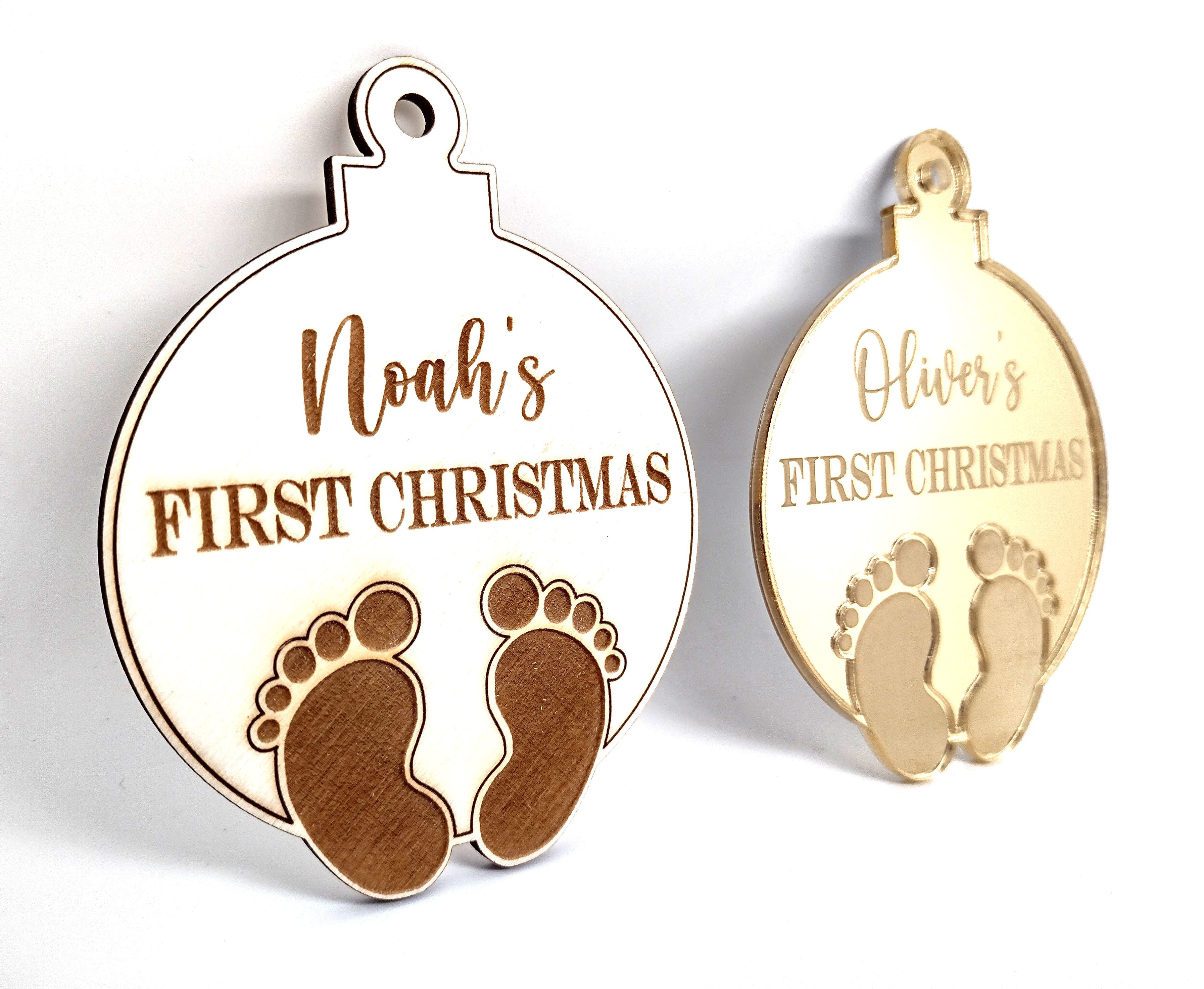 Name + First Christmas + Baby Footprints Ornament Bauble