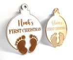 Load image into Gallery viewer, Name + First Christmas + Baby Footprints Ornament Bauble
