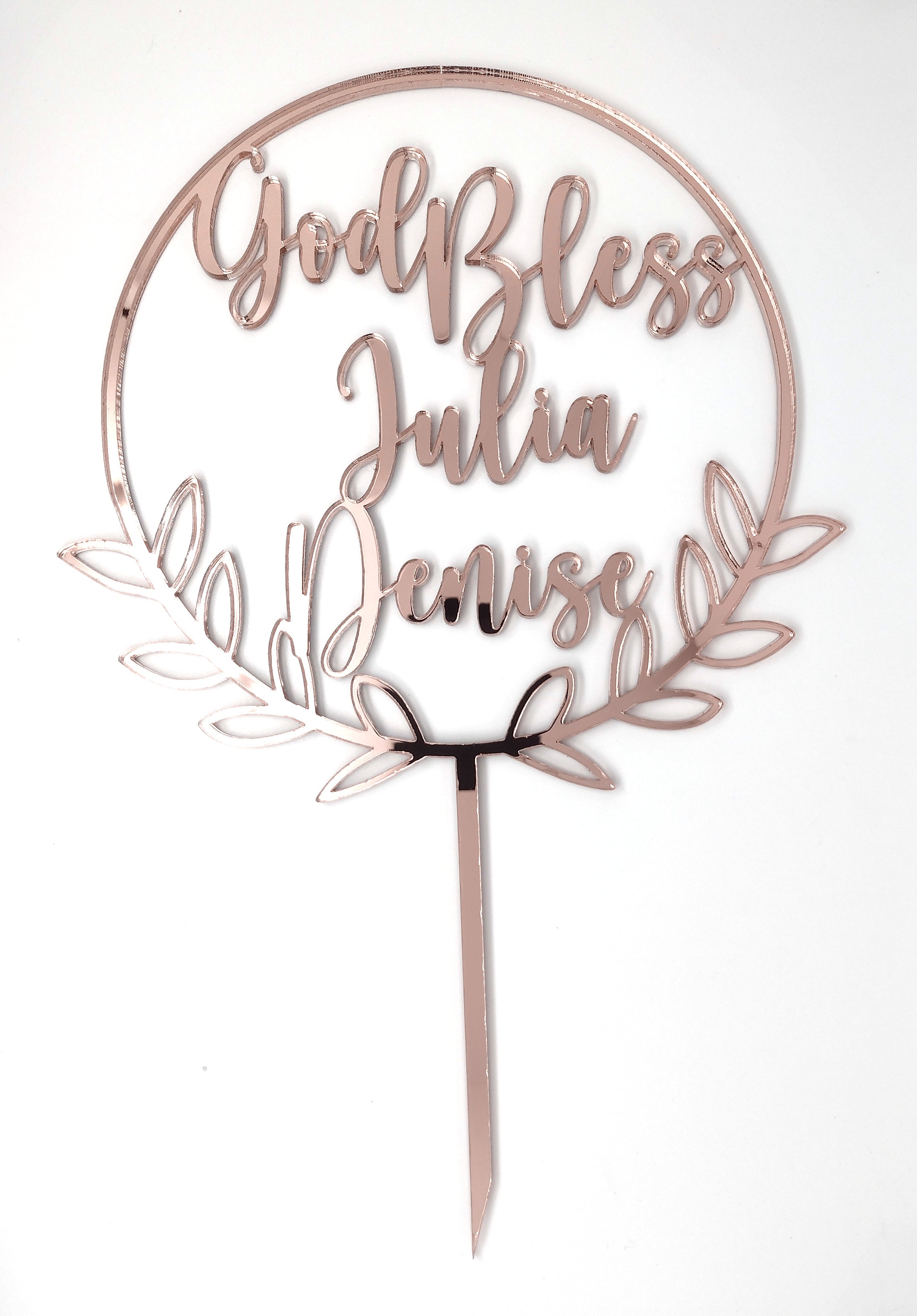God Bless + Name + Floral Round Cake Topper