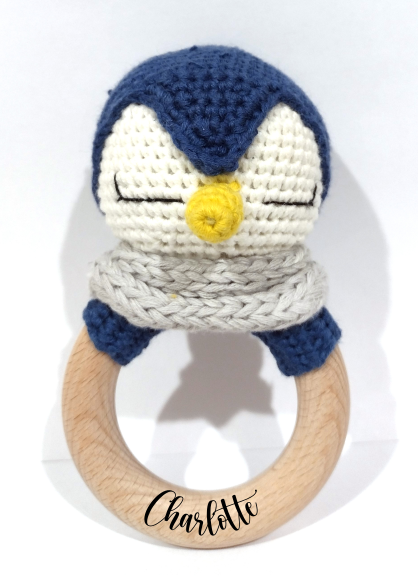 Handmade Penguin Teether / Rattle (Name or Name + DOB) Personalised