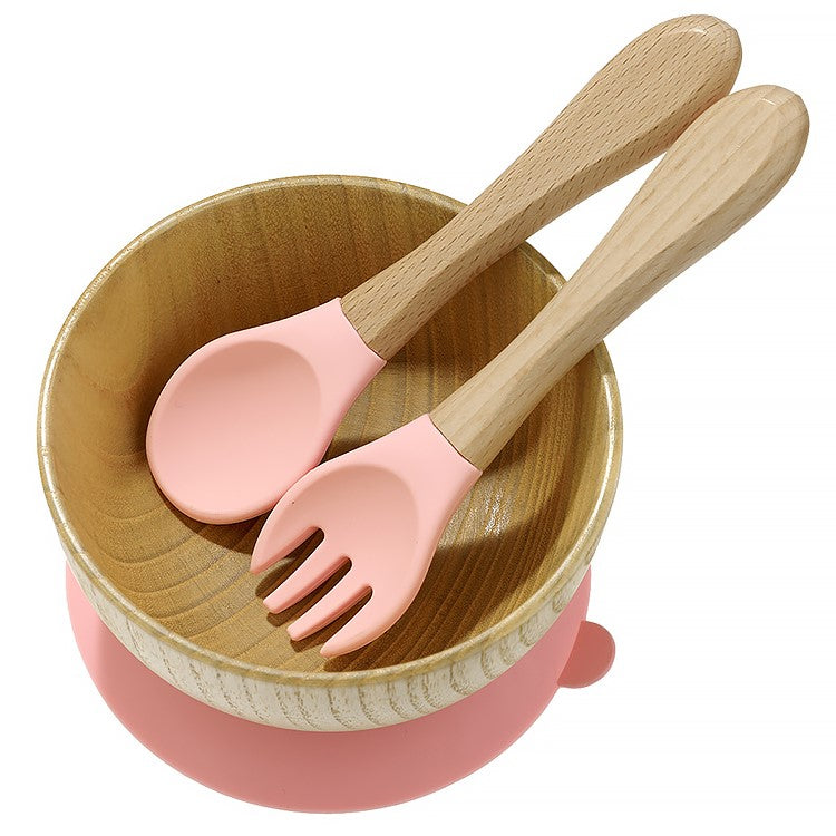 Baby's Wooden Silicone Bowl, Fork and Spoon