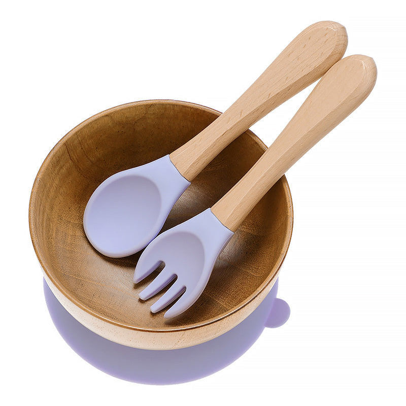 Baby's Wooden Silicone Bowl, Fork and Spoon