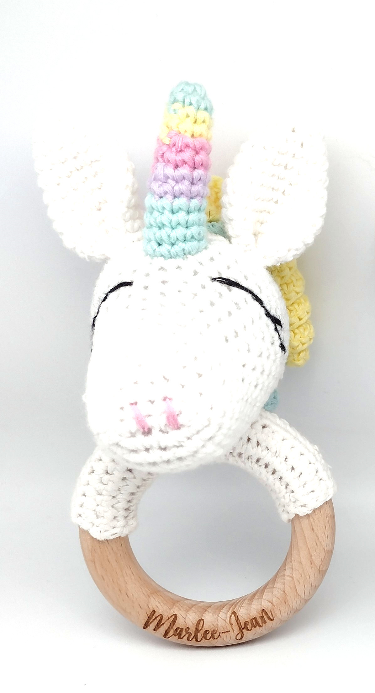 Handmade Unicorn Teether / Rattle (Name or Name + DOB) Personalised