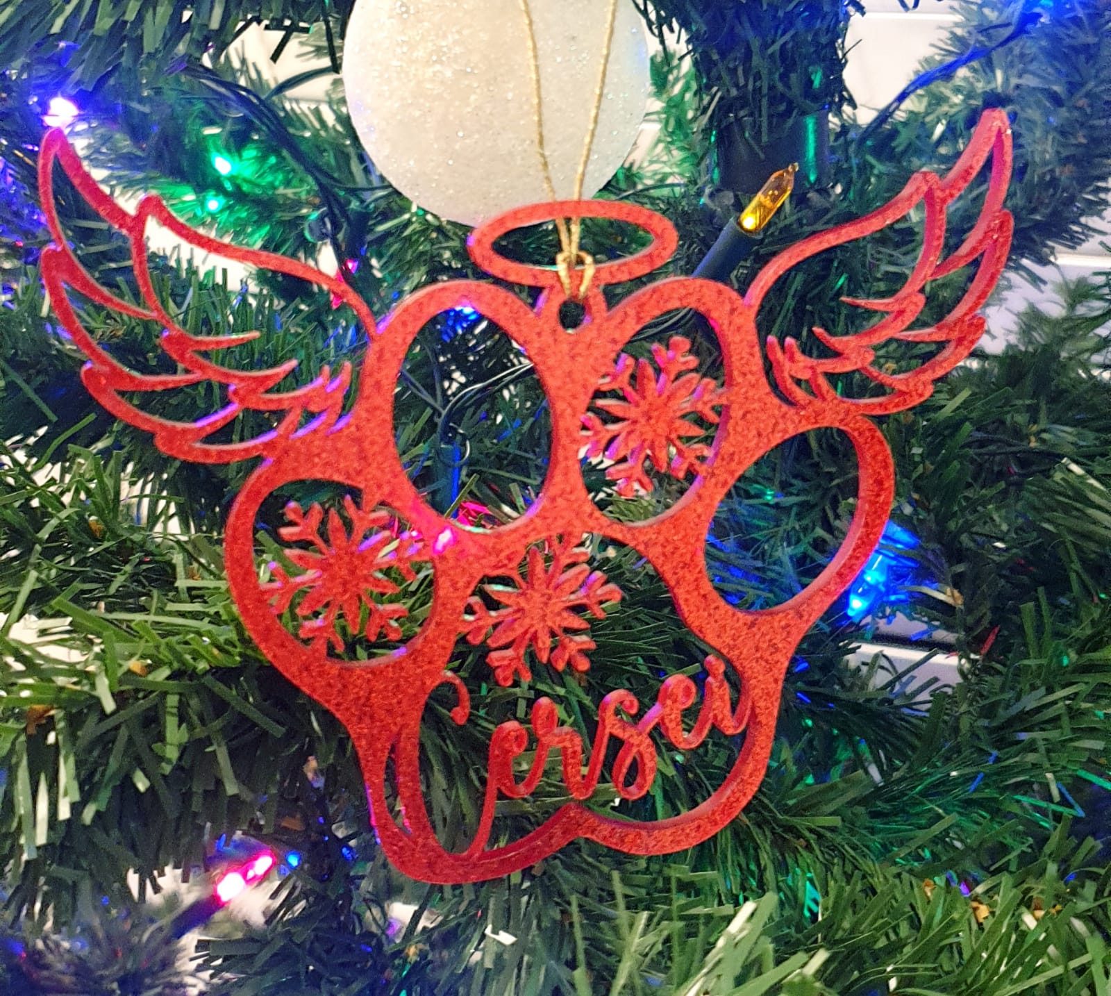 Paw Angel + Name + Snowflake Ornament