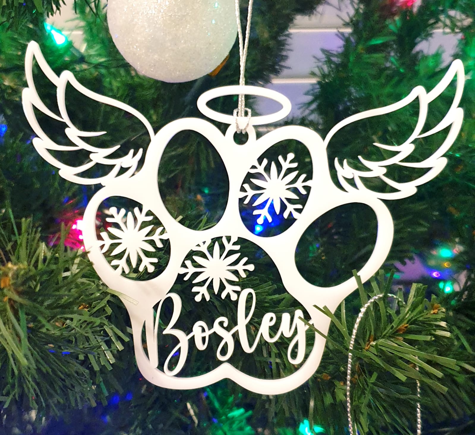 Paw Angel + Name + Snowflake Ornament