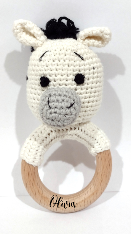 Handmade Zebra Teether / Rattle (Name or Name + DOB) Personalised