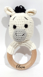 Load image into Gallery viewer, Handmade Zebra Teether / Rattle (Name or Name + DOB) Personalised
