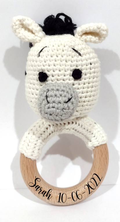 Handmade Zebra Teether / Rattle (Name or Name + DOB) Personalised