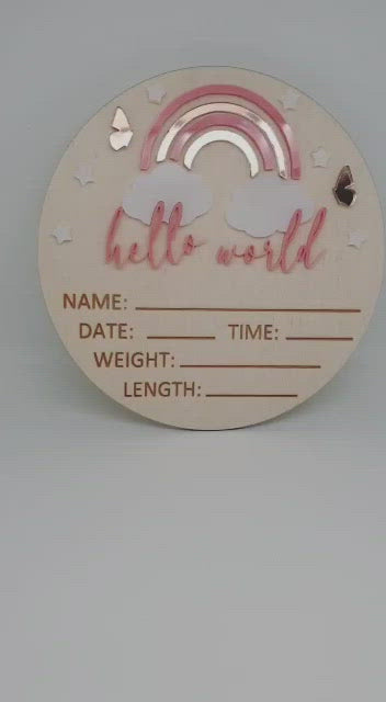 3D Hello World + Rainbow Newborn Announcement Disc