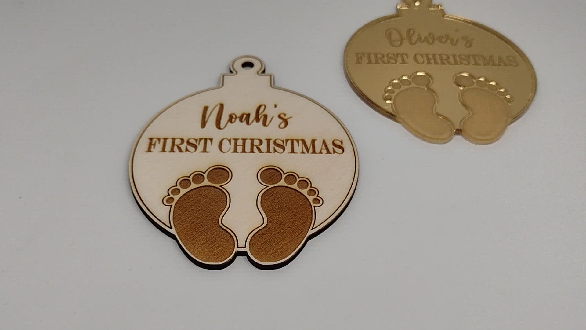 Name + First Christmas + Baby Footprints Ornament Bauble