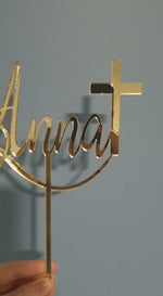 Load and play video in Gallery viewer, Chirstnening Cake Topper (Name + Cross)
